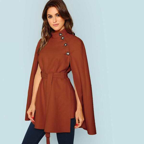 

Button Front Self Belted Cape Coat