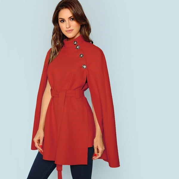 

Button Front Self Belted Cape Coat
