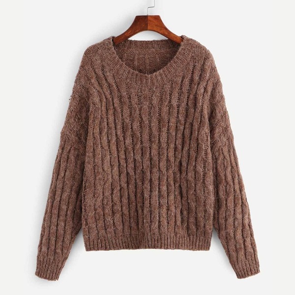 

Plus Drop Shoulder Cable Knit Sweater, Brown