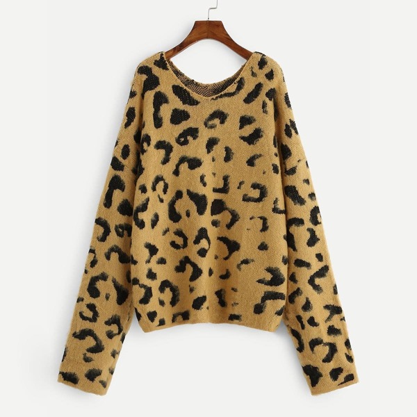 

Plus Drop Shoulder Leopard Fluffy Sweater