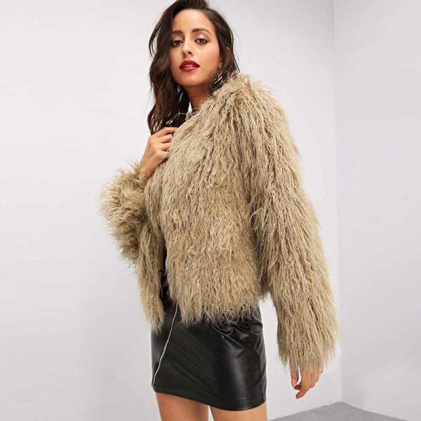 

Open Front Faux Fur Coat, Khaki