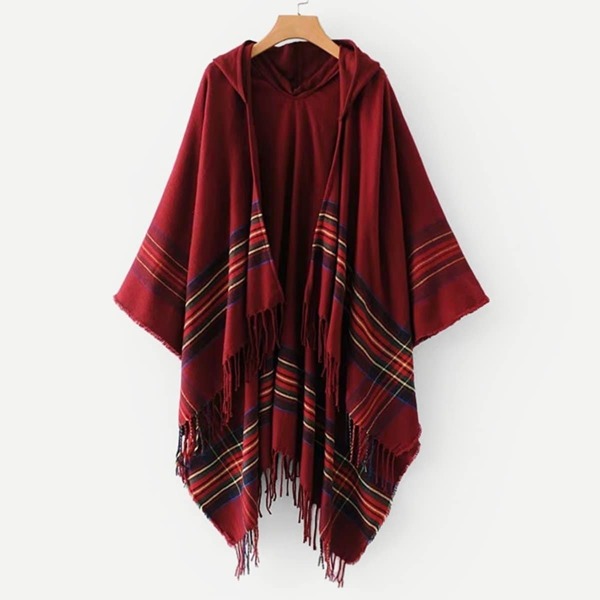 

Fringe Hem Colourful Striped Hooded Poncho Sweater