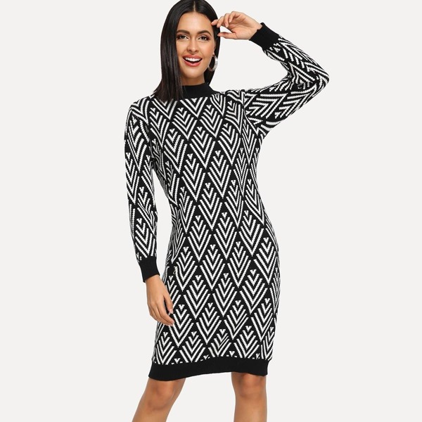 

Geo Pattern Contrast Trim Sweater Dress