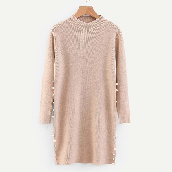 

Pearl Beaded Slit Hem Sweater Dress