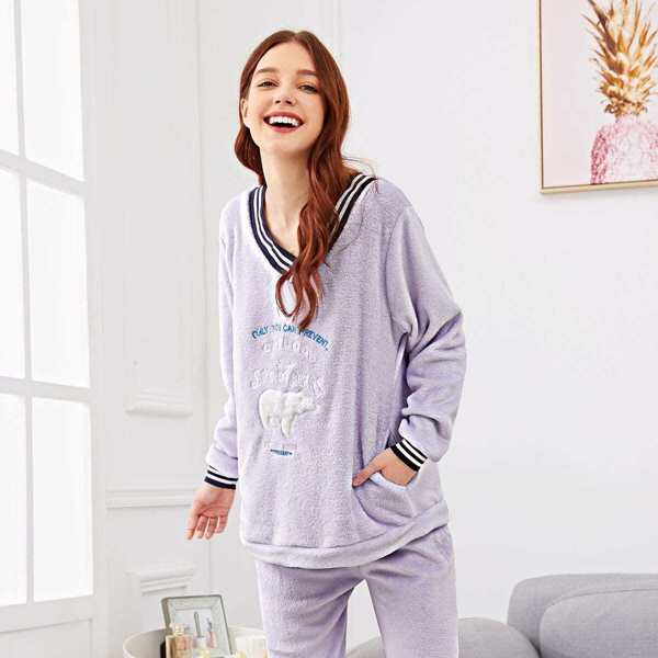 

Bear & Letter Embroidered Plush Pajama Set
