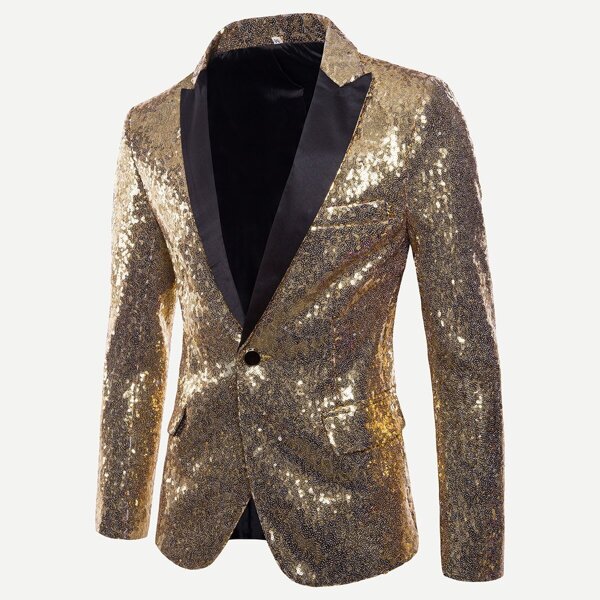 

Men Single Button Sequin Tuxedo Suit Jacket, Gold