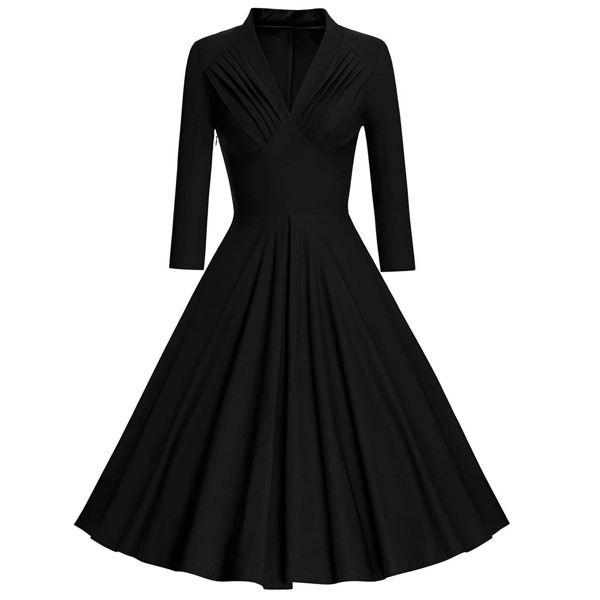 

50s Pleated V Neck Flare Dress