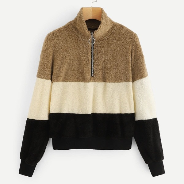 

Quarter Zip Color-block Teddy Jacket