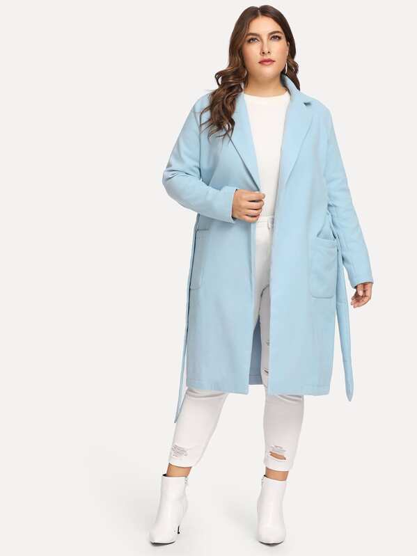 

Plus Pocket Side Self Tie Waist Tweed Outerwear, Blue, Franziska