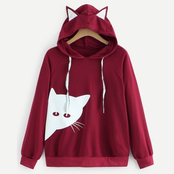 

Cat Print Drawstring Hoodie