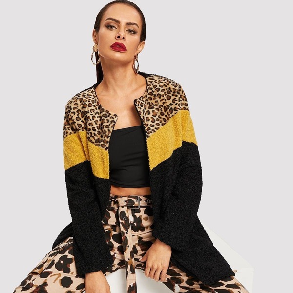 

Contrast Panel Leopard Print Colorblock Teddy Coat