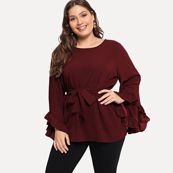 

Plus Self Tie Ruffle Hem Blouse