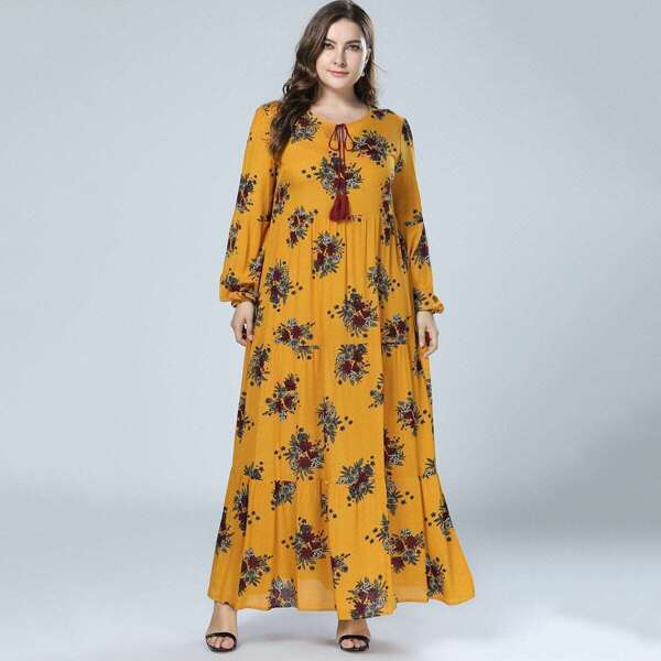 

Plus Floral Print Tie Neck Balloon Sleeve Longline Dress, Yellow
