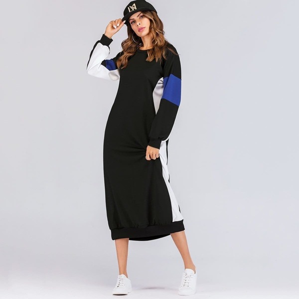 

Colorblock Drop Shoulder Longline Sweatshirt Dress, Black