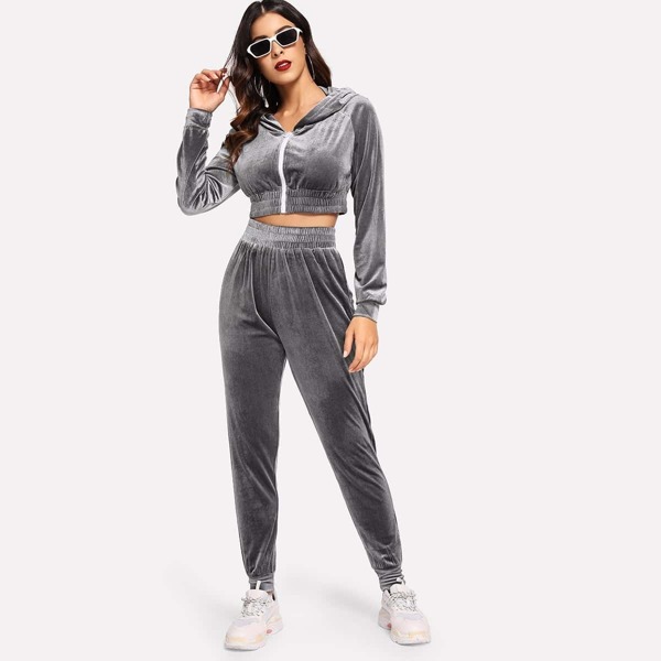 

Velvet Hooded Crop Jacket & Elastic Waist Pants