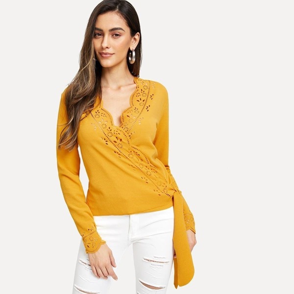 

Scalloped Laser Cut Surplice Top, Yellow