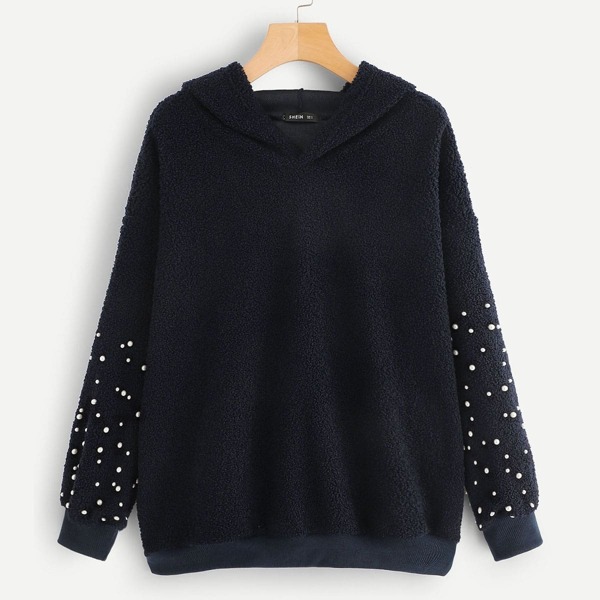 

Pearl Detail Teddy Hoodie, Navy