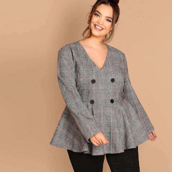 

Plus Double Breasted Plaid Pullover Peplum Coat