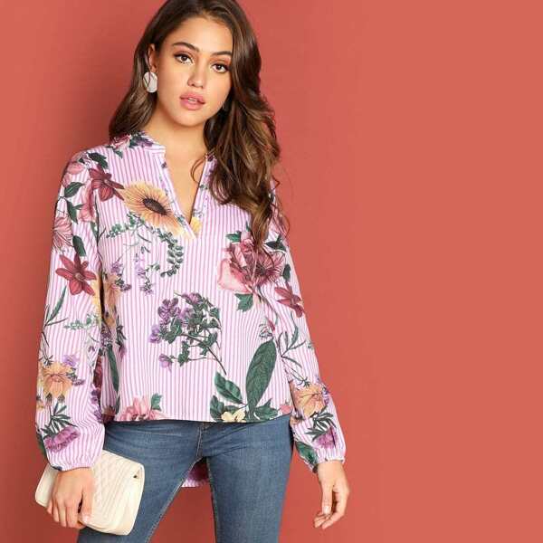 

Floral Print Striped Curved Hem Top, Multicolor