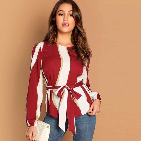 

Striped Print Belted Top, Multicolor