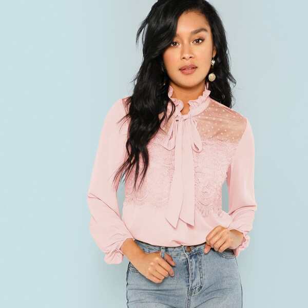 

Swiss Dot Yoke Tie Neck Lace Top