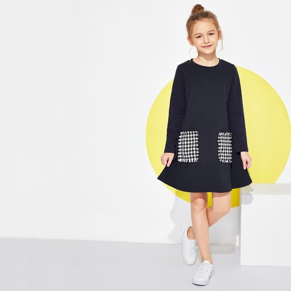 

Girls Houndstooth Pocket Patched Dress