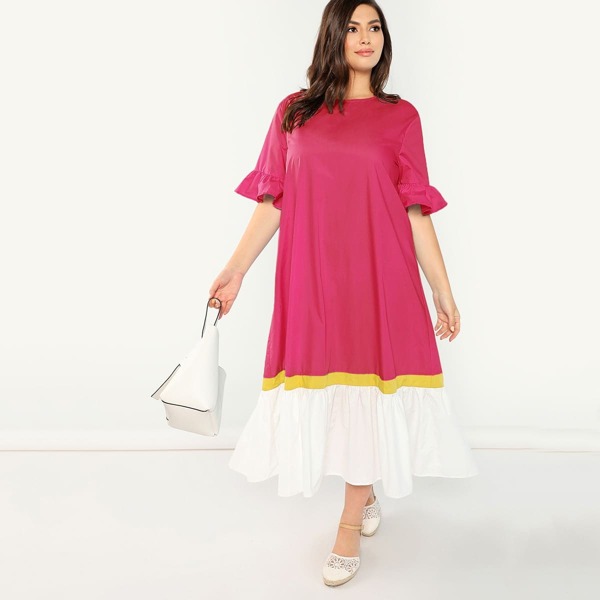 

Plus Keyhole Back Color-block Ruffle Hem Dress