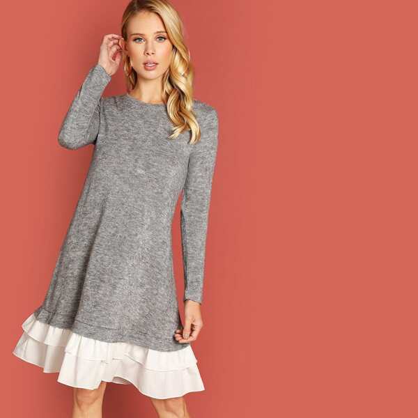 

Contrast Ruffle Hem Marled Dress