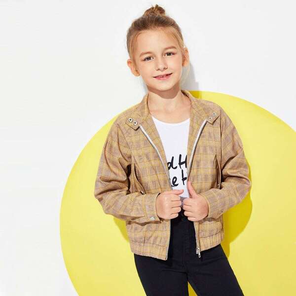 

Girls Zip Up Flap Pocket Plaid Jacket, Brown