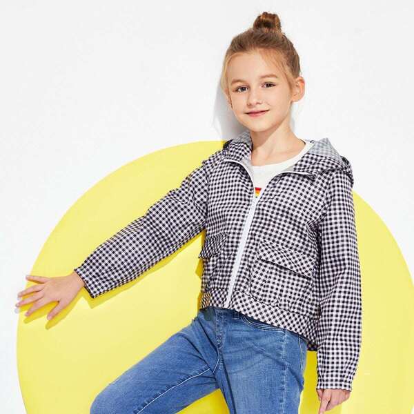 

Girls Zip Up Hoodie Gingham Print Jacket