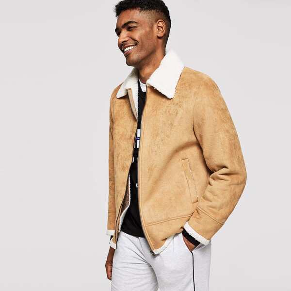 

Men Contrast Faux Shearling Suede Jacket