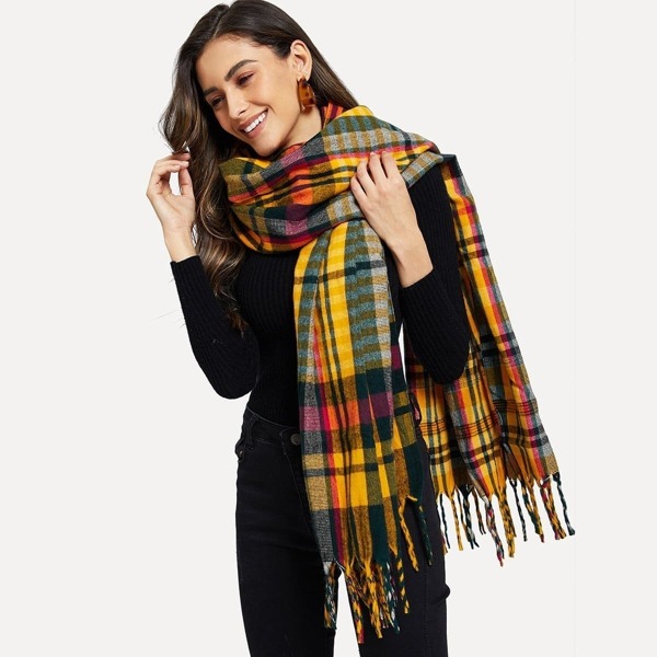 

Fringe Hem Plaid Scarf, Multicolor