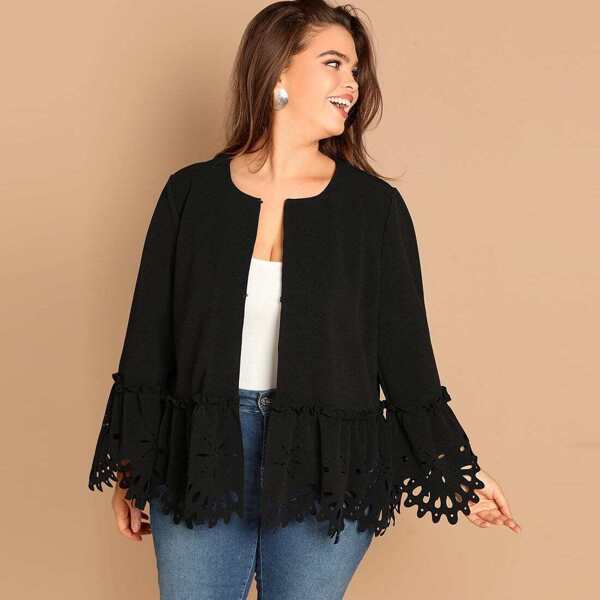 

Plus Lace Trim Open Front Coat, Black