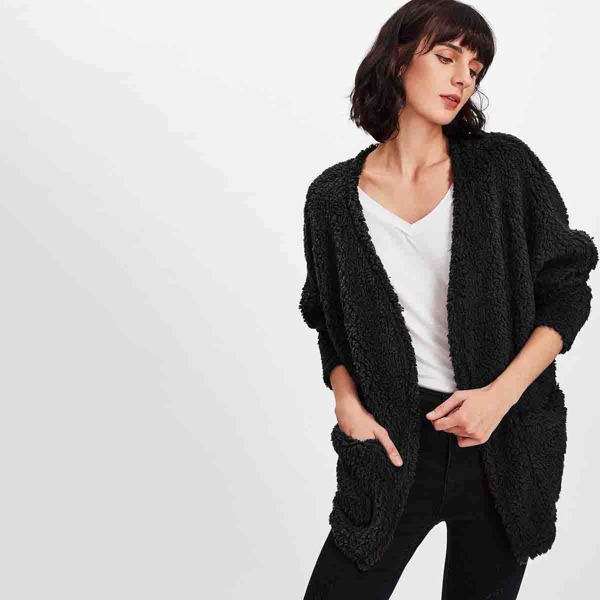 

Open Front Teddy Coat, Black