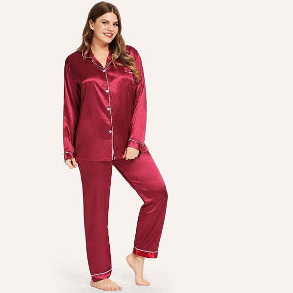 

Plus Contrast Binding Satin Pajama Set, Burgundy