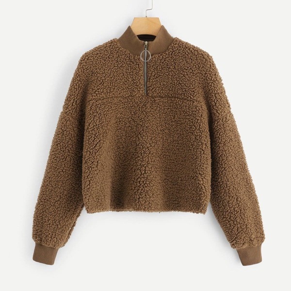 

Zip Half Placket Teddy Pullover, Brown
