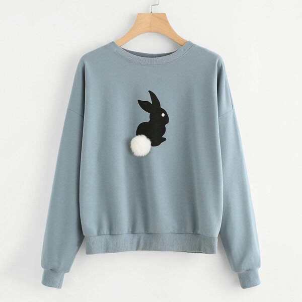 

Plus Faux Fur Pompom Embellished Rabbit Print Pullover