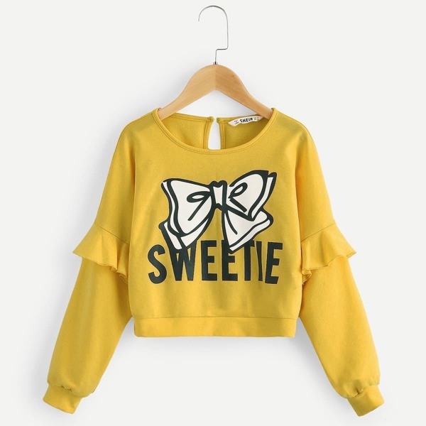 

Girls Bow and Letter Print Keyhole Back Tee