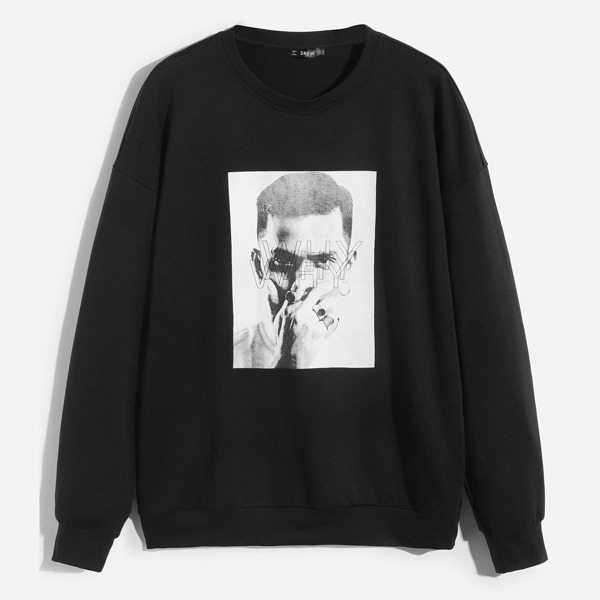 

Men Crew Neck Figure Print Pullover, Black