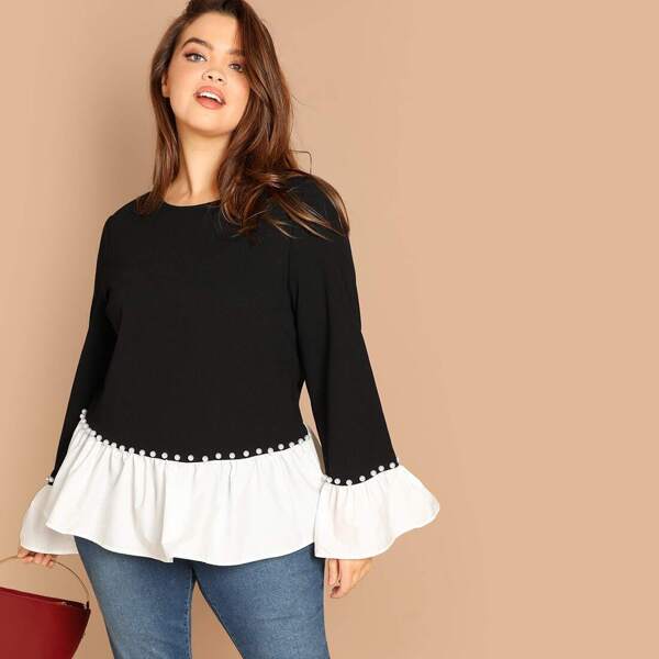 

Plus Contrast Cuff and Hem Pearl Detail Tee