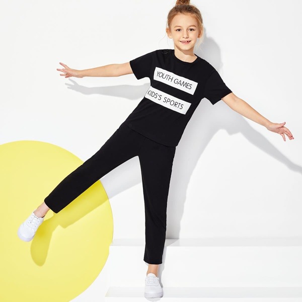 

Girls Letter Print Tee & Pants Set