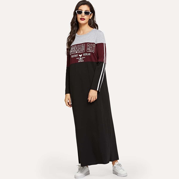 

Colorblock Letter and Striped Hijab Dress