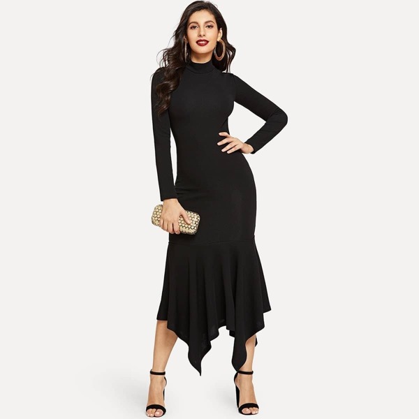 

Mock-Neck Hanky Hem Solid Dress