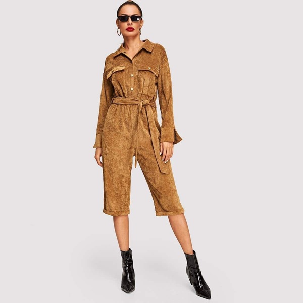 

Waist Belted Pocket Button Collar Jumpsuit, Brown