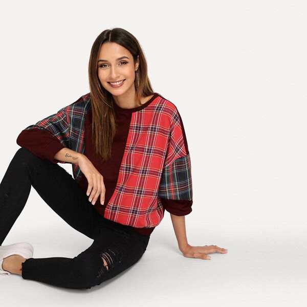 

Color Block Plaid Pullover