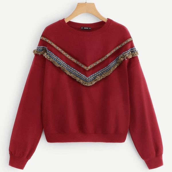 

Embroidered Tape & Fringe Detail Sweatshirt
