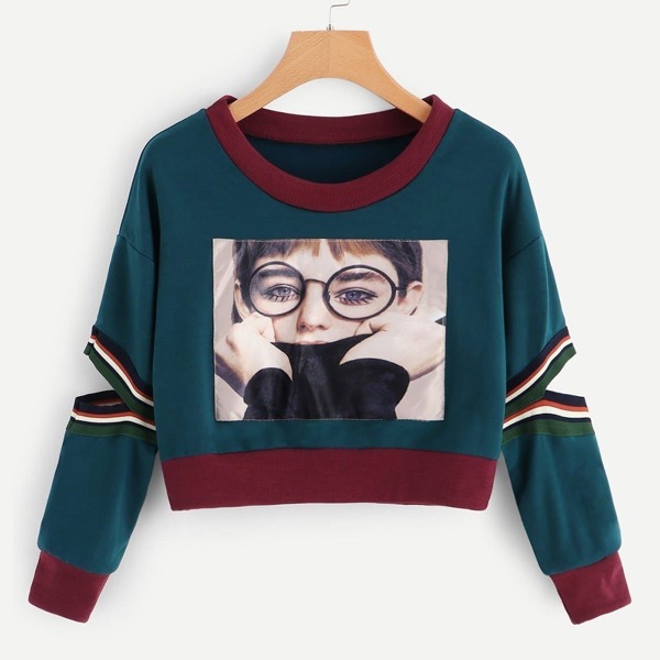 

Tape Detail Letter Print Hooded Sweatshirt, Green