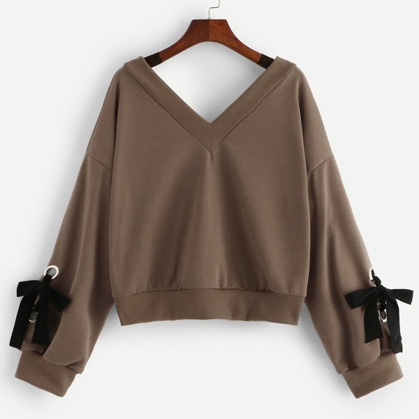 

V-Neck Knot Sleeve Sweatshirt, Brown