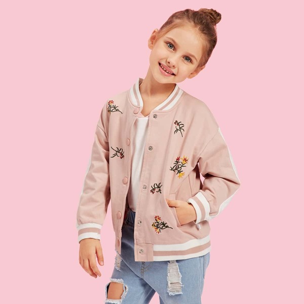 

Toddler Girls Floral Embroidered Contrast Striped Trim Jacket
