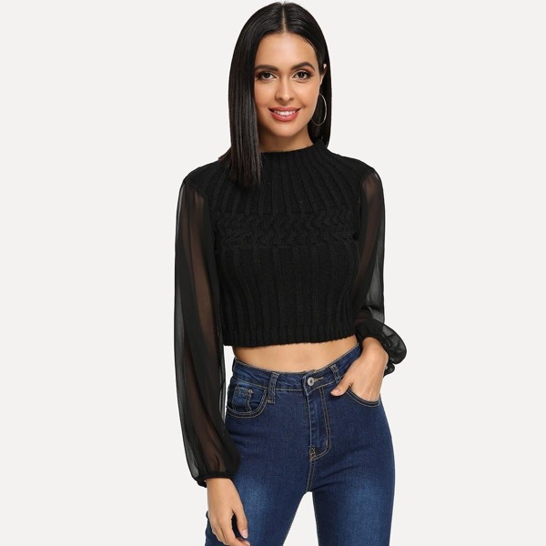 

Contrast Mesh Crop Sweater